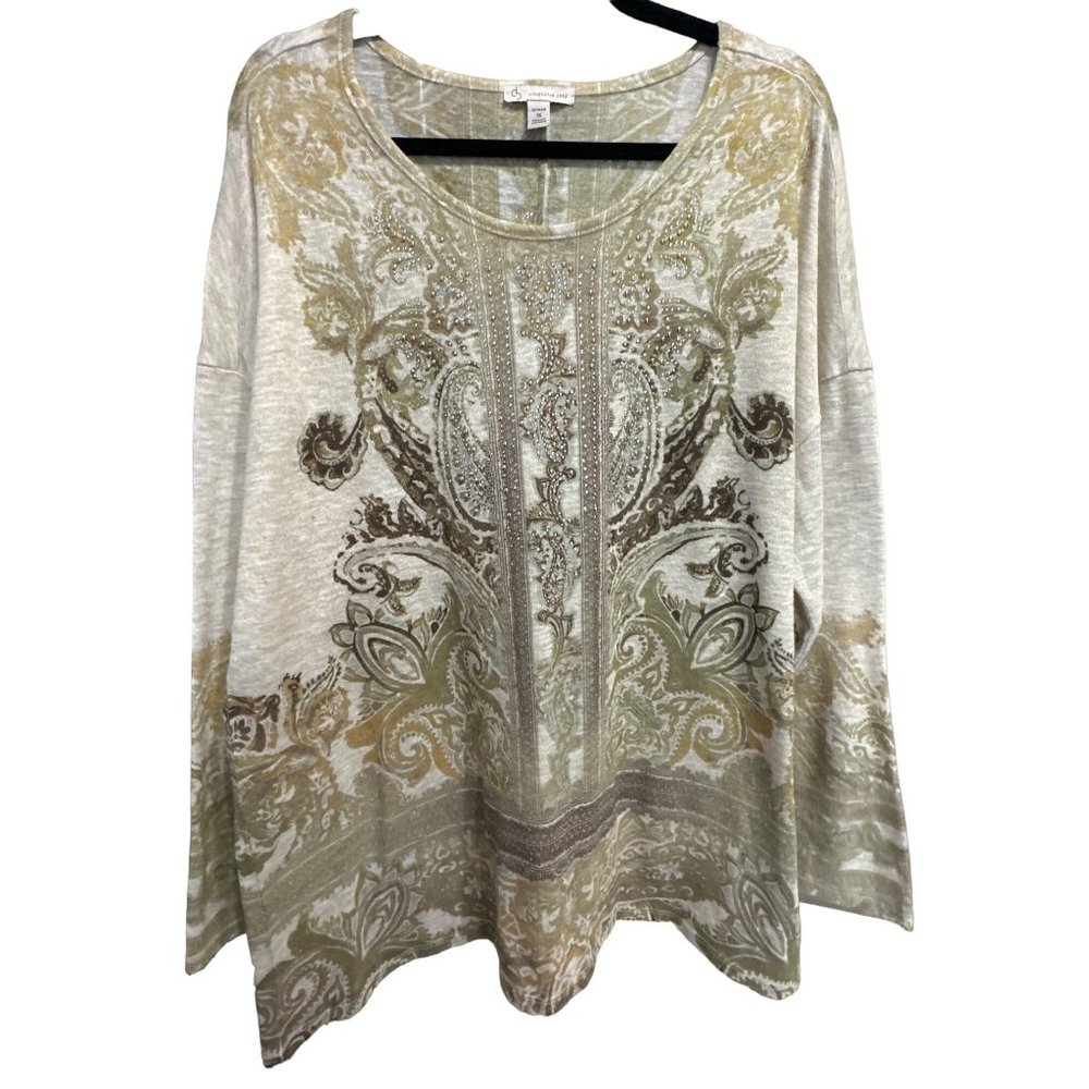 Dressbarn Woman size 1X beige print rhinestone embellished long sleeve top